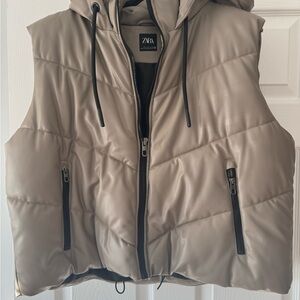 Zara Beige Puffer Vest with Hood